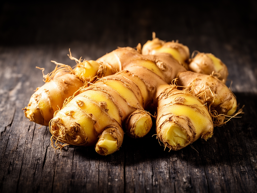 Raíces de jengibre fresco con textura fibrosa y tonos ocres y amarillos sobre superficie de madera oscura envejecida con luz lateral de estudio