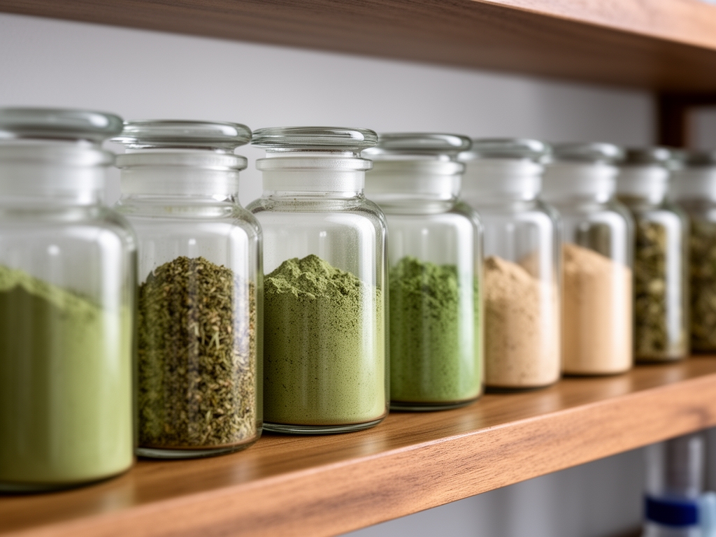 Frascos de vidrio con polvos de extractos botánicos en tonos verdes y beige dispuestos en fila sobre estante de madera con luz suave de laboratorio
