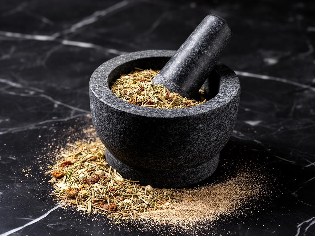 Mortero de piedra negra con hierbas aromáticas secas molidas parcialmente y polvo fino disperso sobre mármol oscuro
