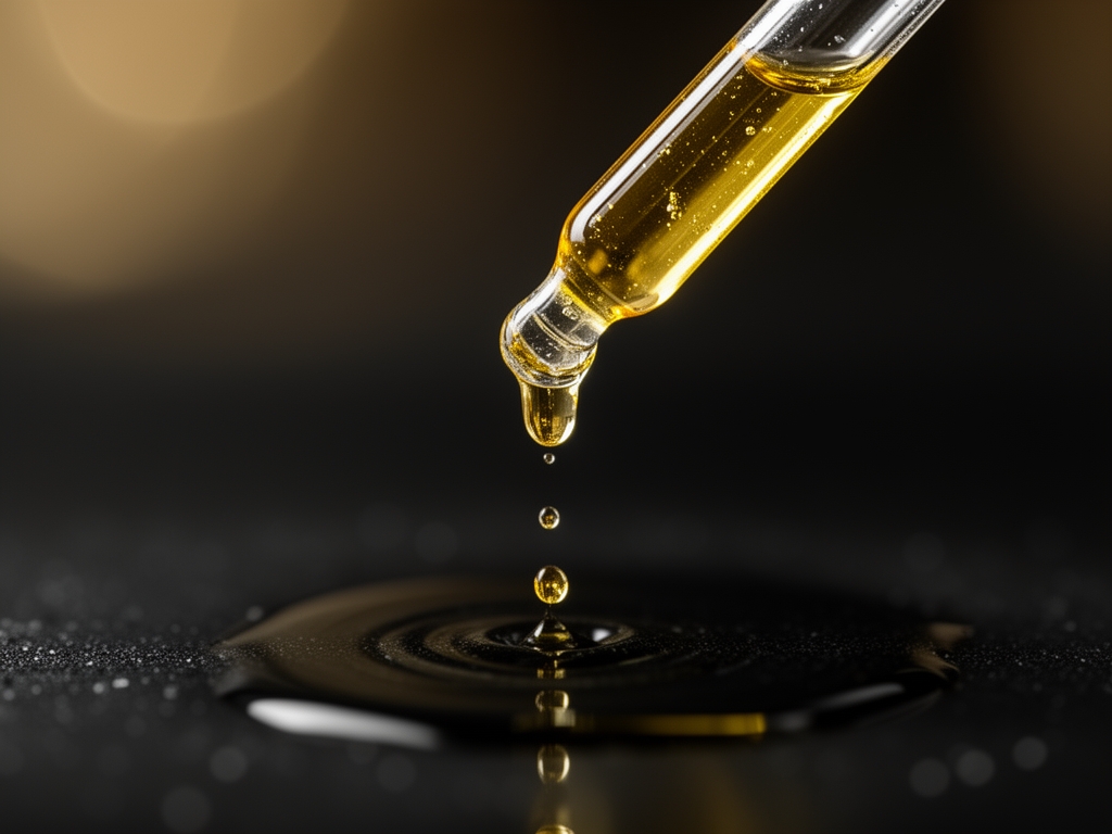 Gotas de aceite esencial dorado cayendo desde pipeta de vidrio sobre superficie negra con efecto macro y bokeh