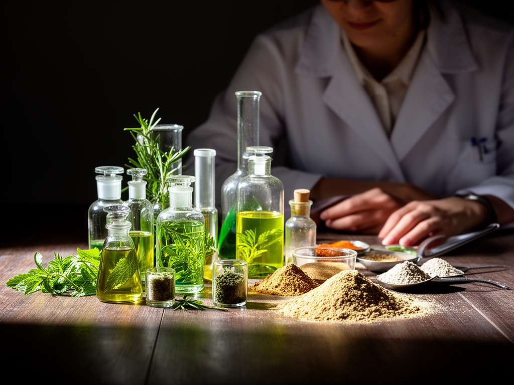 Persona evaluando diferentes ingredientes para el bienestar, con frascos de laboratorio, extractos vegetales y polvos naturales sobre una mesa de madera oscura iluminada dramáticamente desde un lado